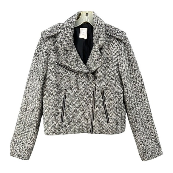 Gap Jacket Womens Sz L Moto Blazer Tweed Herringbone Gray Black - Picture 1 of 16